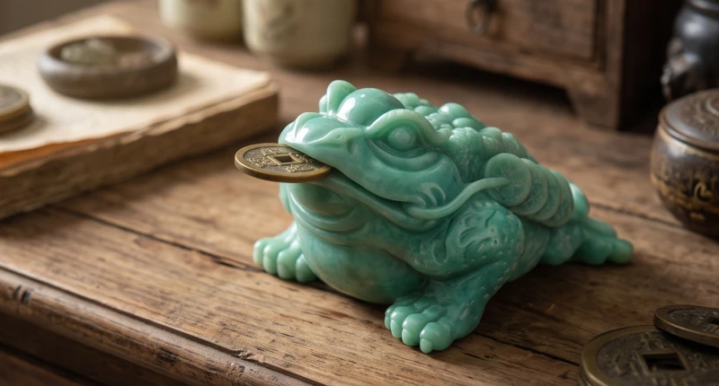 Linh vật phong thủy tuổi Mão: danh sách kiêng kỵ và cách an vị 13 Tượng Thiềm Thừ ngậm tiền xu bằng ngọc lam được đặt cẩn thận với phần đầu hướng ngược vào trong nhà