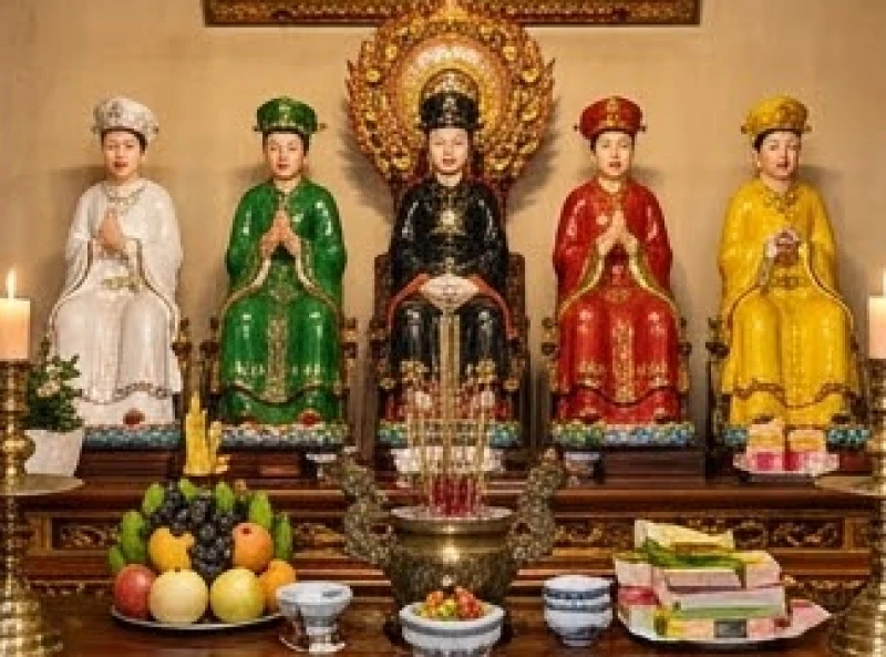 Văn khấn miếu Ngũ Hành: Bài cúng chuẩn và sắm lễ ngũ sắc 2 Năm bức tượng của Ngũ Hành Nương Nương khoác áo ngũ sắc uy nghiêm trên ban thờ chính