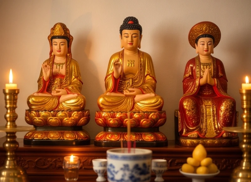 Văn khấn lập điện thờ tại gia: Trình tự an vị và sắm lễ chuẩn 3 Hệ thống tượng Phật và Thánh bằng gỗ mít sơn son thếp vàng được bài trí tinh tế trên bục điện thờ