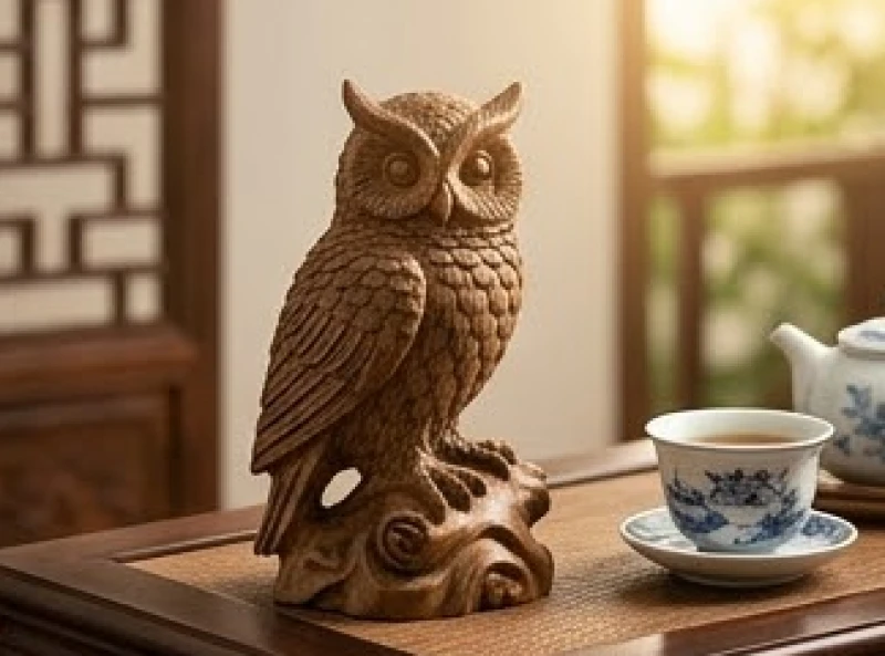 Tuổi Ất Tỵ 2025: Tử vi vận hạn và phong thủy chi tiết 3 Bức tượng chim cú vọ bằng gỗ trầm hương đặt trang trọng trên kỷ trà bên cạnh chén sứ