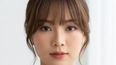 Gương mặt thanh thoát của người sở hữu tướng trán hẹp nhờ kỹ thuật cắt tóc mái bay rẽ ngôi lệch