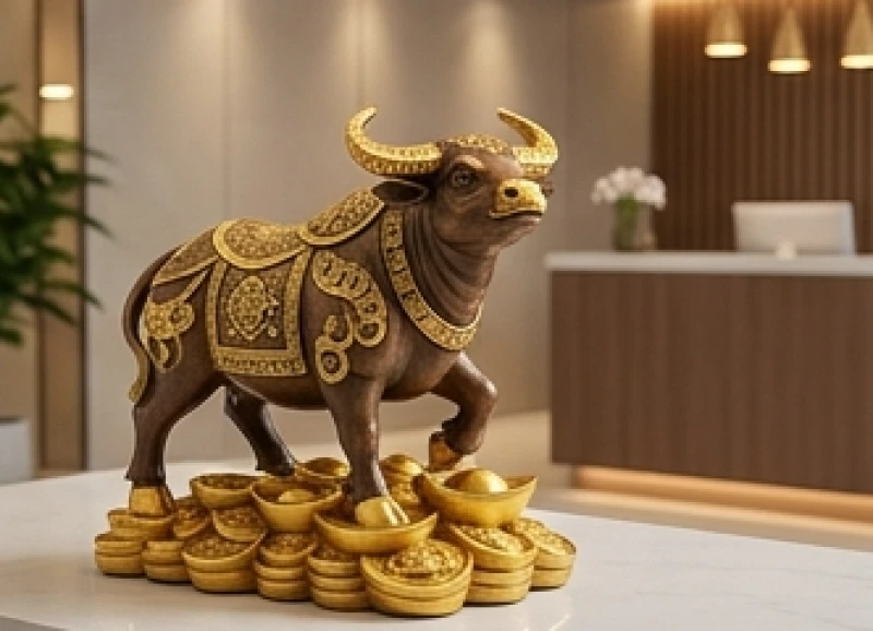 Linh vật trâu vững chãi đứng trên thỏi vàng nguyên bảo và xâu tiền xu cổ