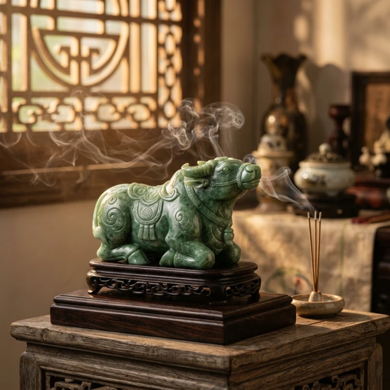 Tuổi Sửu hợp kết hôn với tuổi nào: chọn tháng cát và hóa giải 2 Tượng trâu phong thủy bằng ngọc bích chạm khắc tinh xảo đặt trên đế gỗ thể hiện sự bền bỉ của người tuổi Sửu
