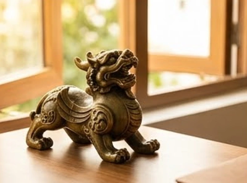 Tượng Tỳ Hưu bằng đồng nguyên khối đặt trang trọng hướng ra cửa sổ giúp thu hút tài lộc tuổi dần mệnh Kim