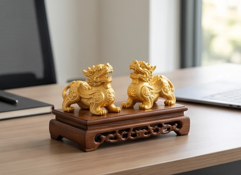 Cặp tượng Tỳ Hưu mạ vàng chiêu tài lộc đặt trên bệ gỗ hương dành cho người tuổi Mão kinh doanh