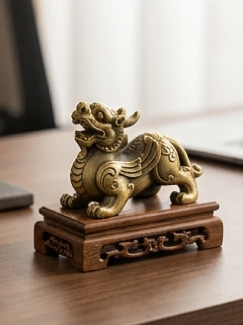 Bức tượng Tỳ Hưu bằng đồng nguyên khối uy nghi đặt trên bệ gỗ tại phòng làm việc