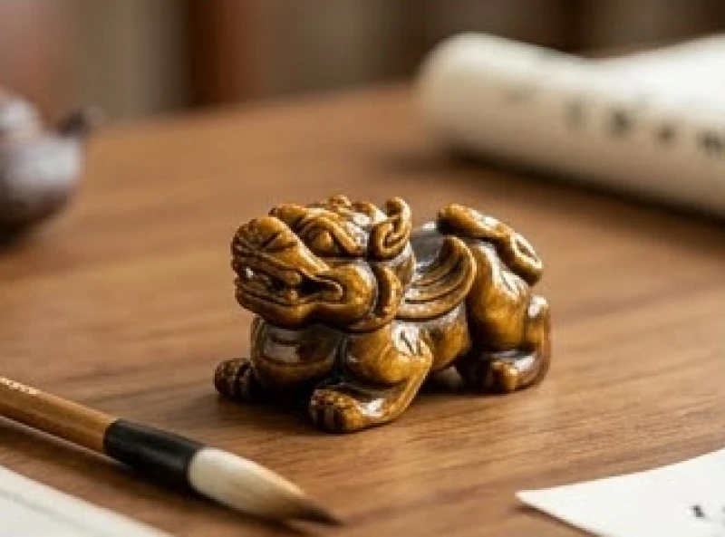 Tượng Tỳ Hưu để bàn được tạc từ khối đá Mắt hổ nâu vàng hợp mệnh Thổ