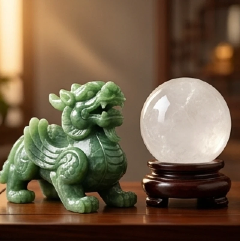 Tượng Tỳ Hưu bằng đá ngọc bích xanh lá đặt cạnh quả cầu thạch anh trắng giúp chiêu tài lộc vững chắc