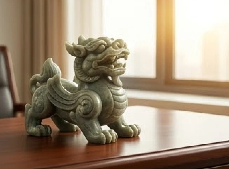 Tượng Tỳ Hưu bằng đá tự nhiên được đặt ngay ngắn trên bàn làm việc để chiêu tài