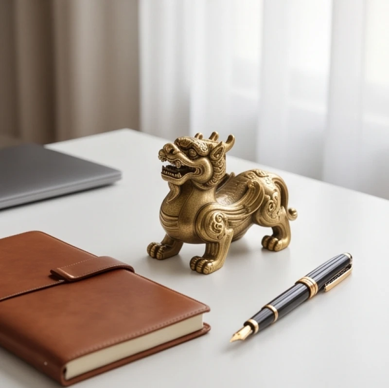 Linh vật phong thủy tuổi Ngọ: Chọn chất liệu và tự khai quang 8 Tượng linh vật Tỳ Hưu nhỏ gọn đặt tinh tế trên bàn làm việc cạnh sổ tay và cây bút
