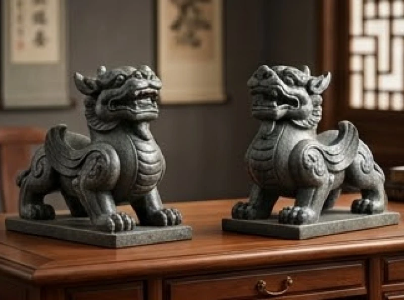 Cặp tượng Tỳ Hưu phong thủy uy nghi đặt trên bàn làm việc giúp bảo vệ dòng tiền và mang lại may mắn