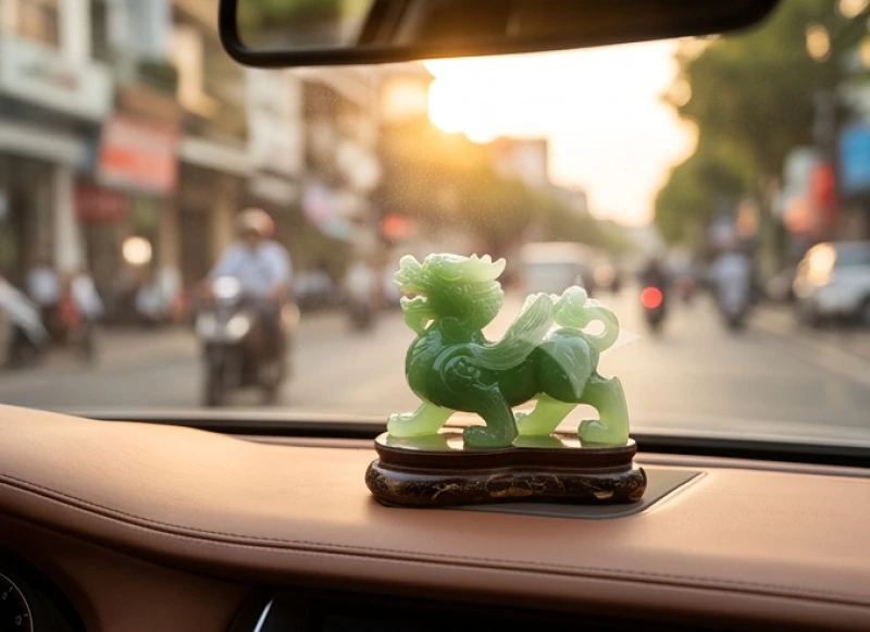 Tượng Tỳ Hưu phong thủy đặt trang trọng trên taplo ô tô giúp hóa giải xung khắc biển số