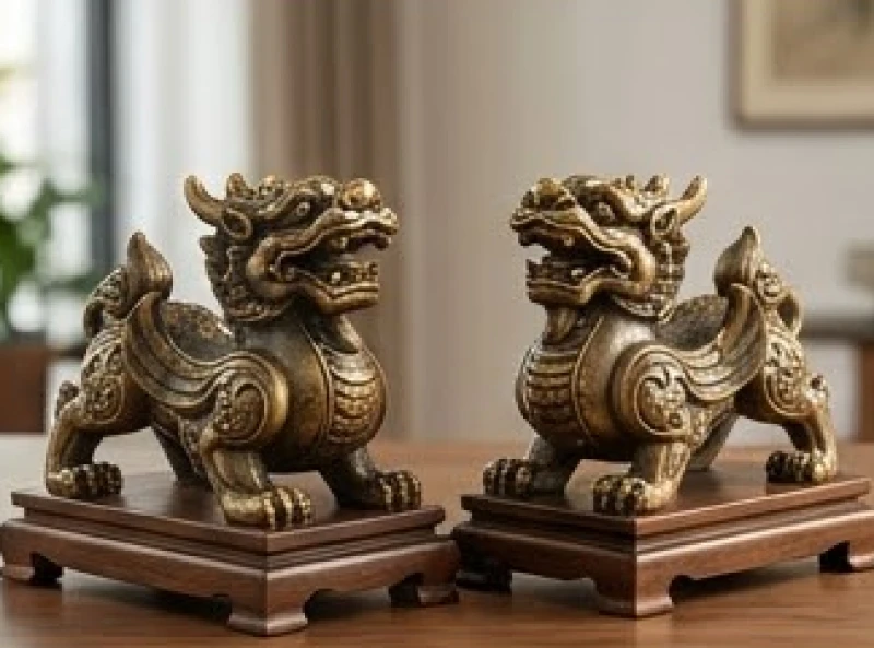 Cặp Tỳ Hưu bằng đồng nguyên khối được đánh bóng nguyên bản đặt trên đôn gỗ