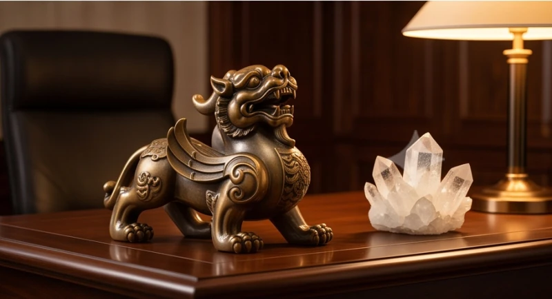 Bức tượng tỳ hưu đúc bằng đồng nguyên khối đặt trang trọng trên bàn làm việc hỗ trợ chiêu tài tiến bảo