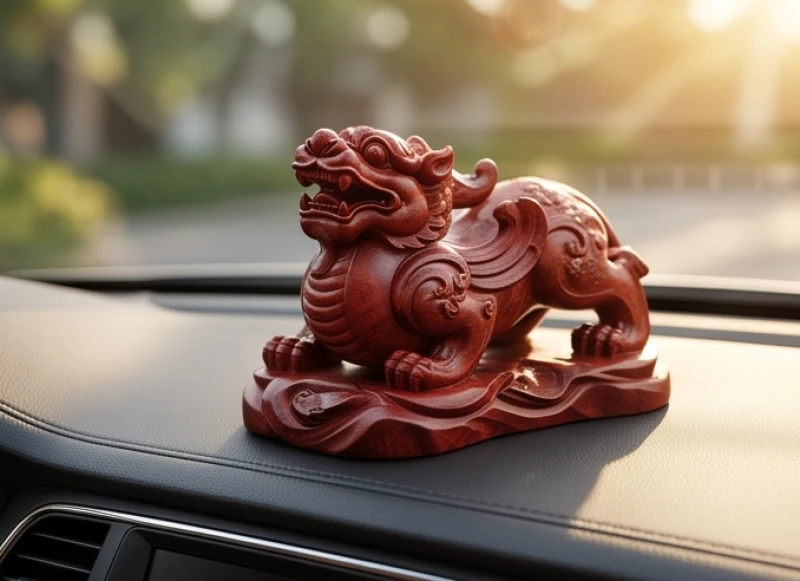 Tượng Tỳ Hưu điêu khắc từ gỗ huyết long đỏ dùng để hóa giải nội thất xe khắc mệnh