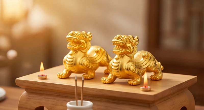 Tỳ Hưu Phong Thủy Tuổi Hợi: Chọn Màu Ngũ Hành & Bảng Giá Chi Tiết 4 Cặp tượng Tỳ Hưu đúc từ vàng 24k sáng bóng an vị trang trọng hai bên ban thần tài