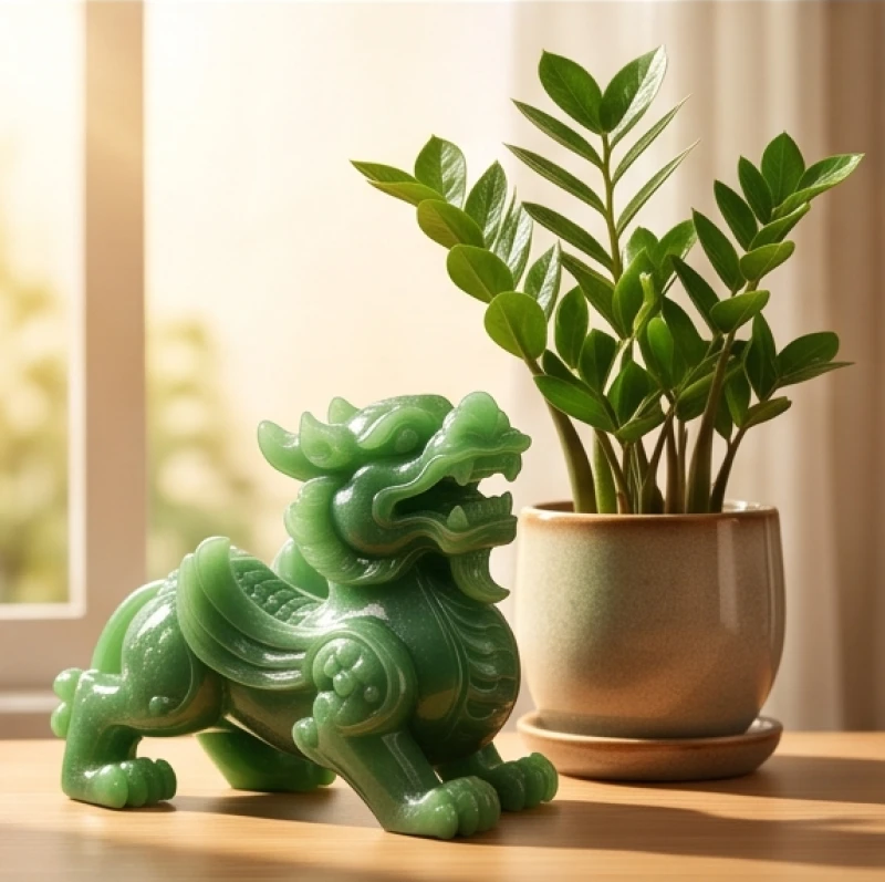 Tượng Tỳ Hưu bằng đá cẩm thạch xanh đặt cạnh chậu cây Kim Tiền nhỏ