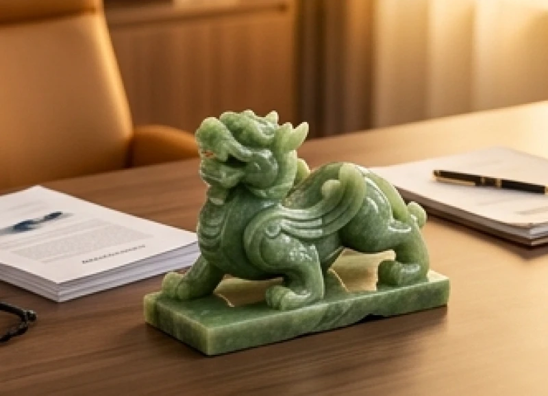 Tượng Tỳ Hưu phong thủy tạc từ khối đá ngọc bích tự nhiên đặt trên bàn làm việc