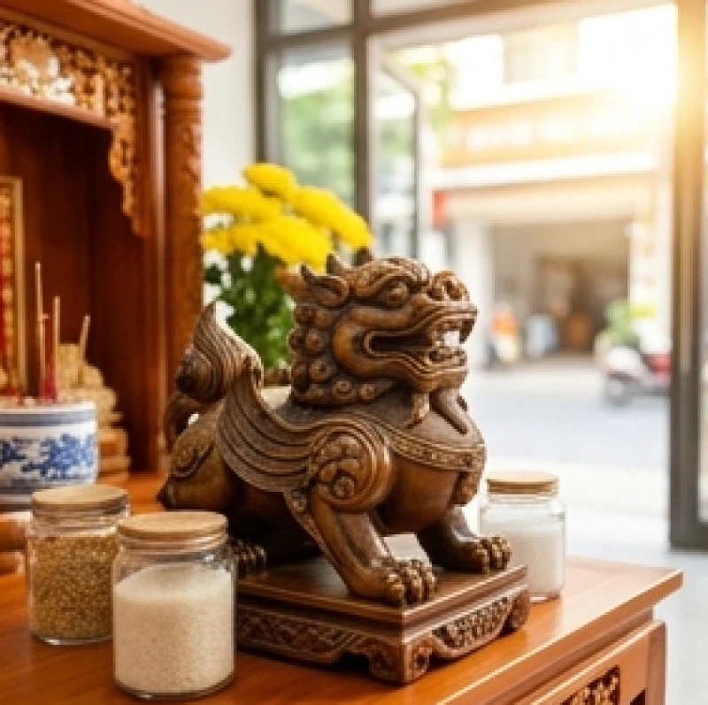 Tỳ Hưu phong thủy đặt hướng mặt ra cửa chính giúp nuốt sinh khí và bảo vệ tài sản cho tiệm