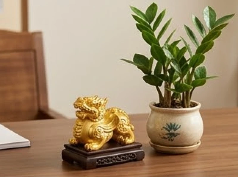 Quà tặng phong thủy cho người tuổi Tỵ: bảng tra ngũ hành nam nữ 1 Tượng Tỳ Hưu phong thủy đặt cạnh chậu cây kim tiền xanh tốt trên bàn làm việc bằng gỗ