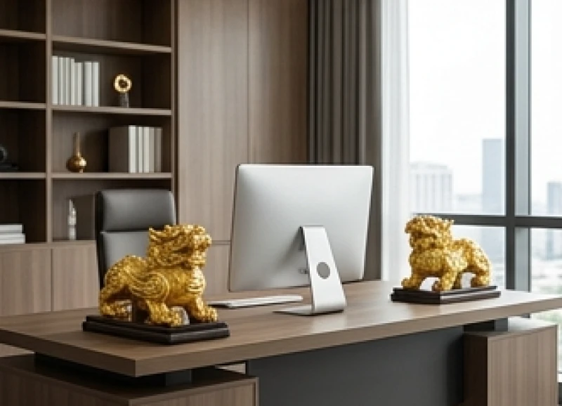 Cặp tượng Tỳ Hưu phong thủy mạ vàng được bài trí đối xứng trên bàn làm việc để hút tài lộc