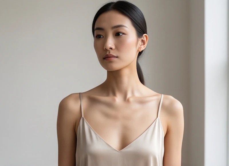 Phụ nữ có bờ vai ngang mỏng thanh mảnh để lộ rãnh xương quai xanh sâu