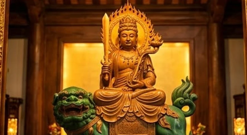 Tượng Đức Văn Thù Sư Lợi Bồ Tát uy nghi cưỡi sư tử xanh tay cầm thanh gươm