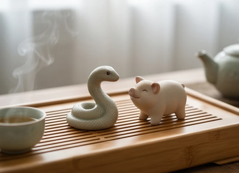 Hai bức tượng nhỏ bằng gốm hình rắn và heo đặt đối diện nhau trên bàn trà mang ý nghĩa tứ hành xung tuổi Tỵ
