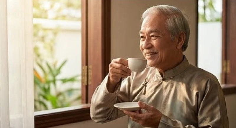 Gia chủ tuổi Dần chọn người xông đất năm 2027: Bảng tra nạp âm 7 Người đàn ông lớn tuổi mỉm cười thư thái thưởng thức chén trà nóng bên ô cửa sổ ban mai