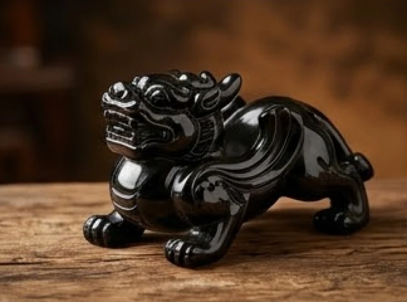 Tỳ Hưu phong thủy tuổi Thìn: chọn màu nạp âm và cách an vị 5 Tượng tỳ hưu chạm khắc từ đá Obsidian đen tuyền đặt trên bàn gỗ