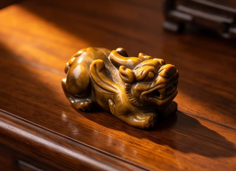 Vòng tay Tỳ Hưu làm từ đá mắt hổ vàng nâu phát ra hiệu ứng mắt mèo sắc nét dưới ánh sáng đèn phòng