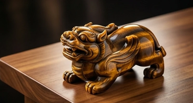 Tỳ hưu chế tác từ đá mắt hổ vàng nâu với hiệu ứng quang học rực rỡ dưới ánh đèn
