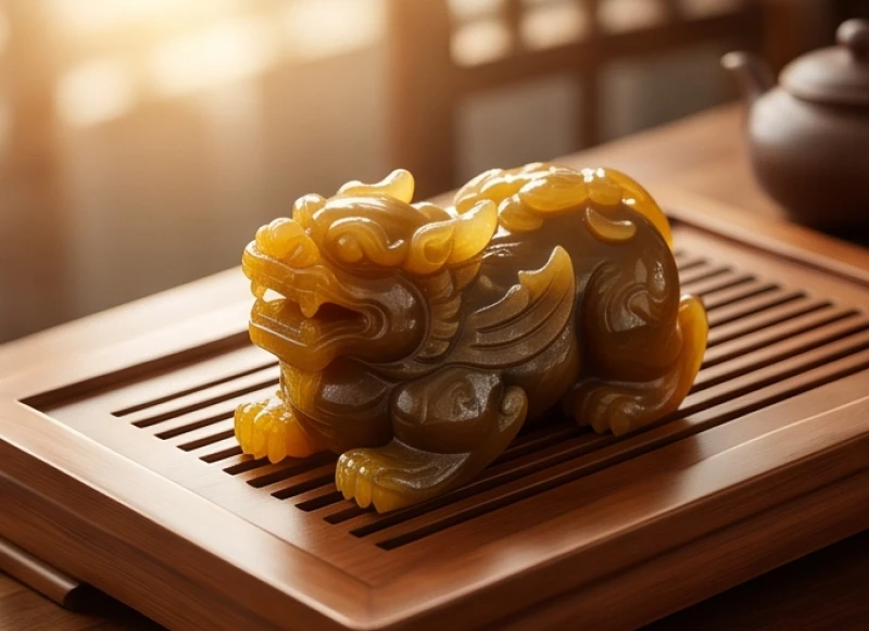 Tân Tỵ 2001 mệnh gì: Phân biệt Mệnh sinh và Cung phi nam nữ 9 Linh vật Tỳ Hưu chế tác tỉ mỉ từ đá ngọc tự nhiên màu vàng sậm được trưng bày trên khay trà gỗ