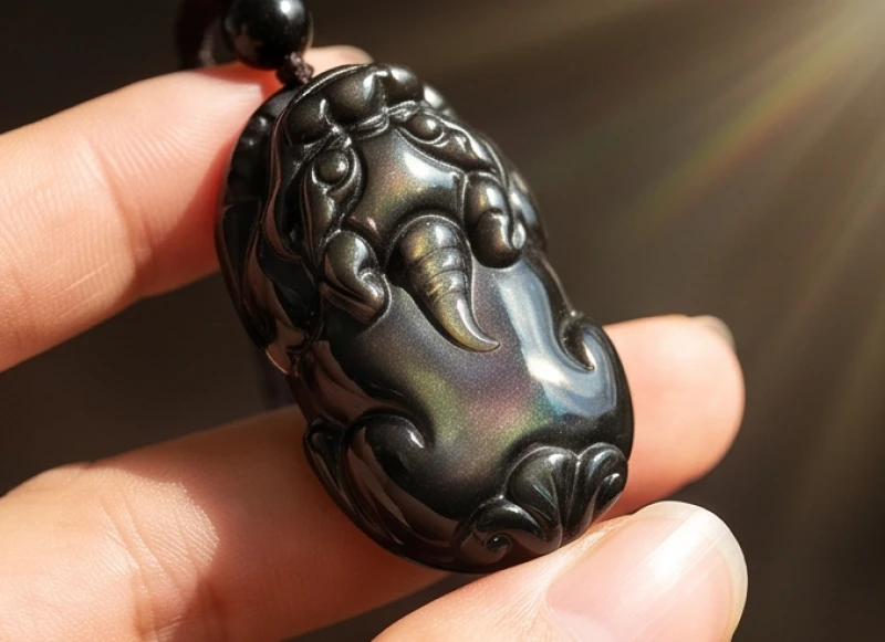 Mặt dây chuyền Tỳ Hưu tạc từ đá Obsidian đen tuyền ánh lên dải sắc cầu vồng nhẹ dưới nắng mặt trời