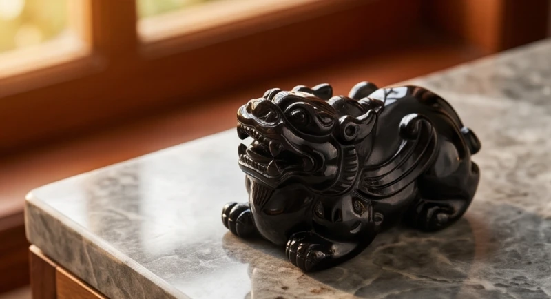 Tượng linh vật Tỳ Hưu được tạc từ đá obsidian đen tuyền sáng bóng nguyên khối
