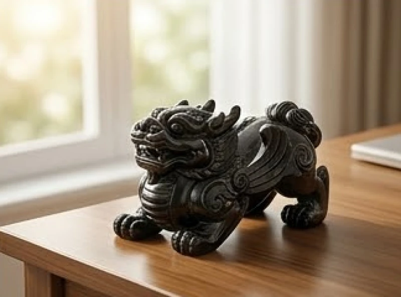 Cụm Tỳ Hưu được chế tác từ đá thạch anh đen đặt trang trọng trên bàn làm việc