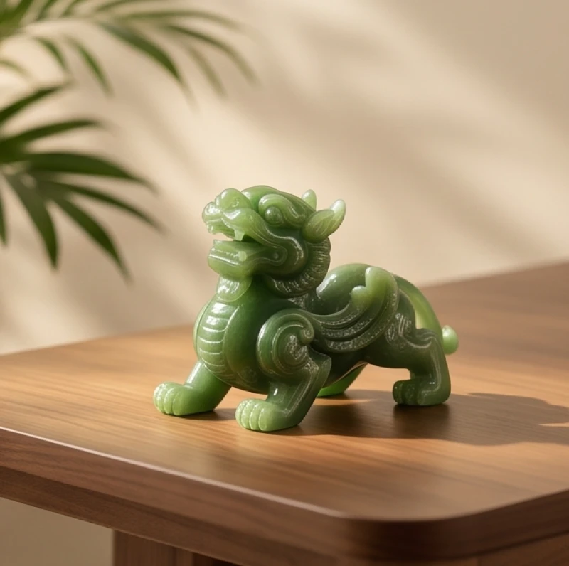 Tượng Tỳ Hưu chạm khắc từ khối đá tự nhiên màu xanh lục phù hợp cho người mệnh Mộc