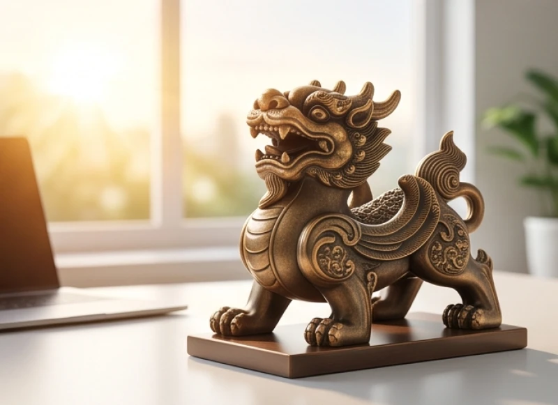 Bức tượng Tỳ Hưu bằng đồng uy nghi quay mặt về hướng cửa sổ đón nắng rực rỡ