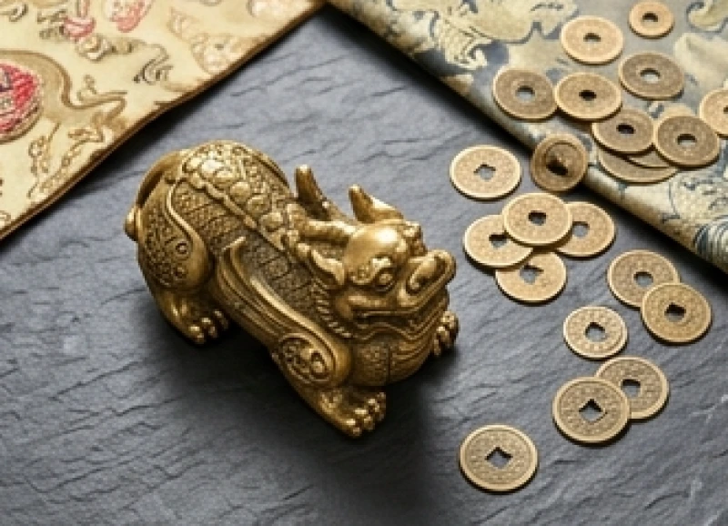Tượng Tỳ Hưu bằng đồng thau nguyên khối kết hợp cùng các dải đồng xu cổ mang năng lượng hành Kim