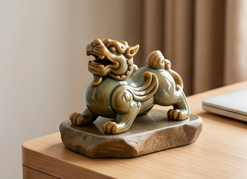 Bức tượng Tỳ Hưu được chế tác tinh xảo từ gốm sứ phủ men sáng bóng tọa lạc trên bệ đá tự nhiên vững chãi