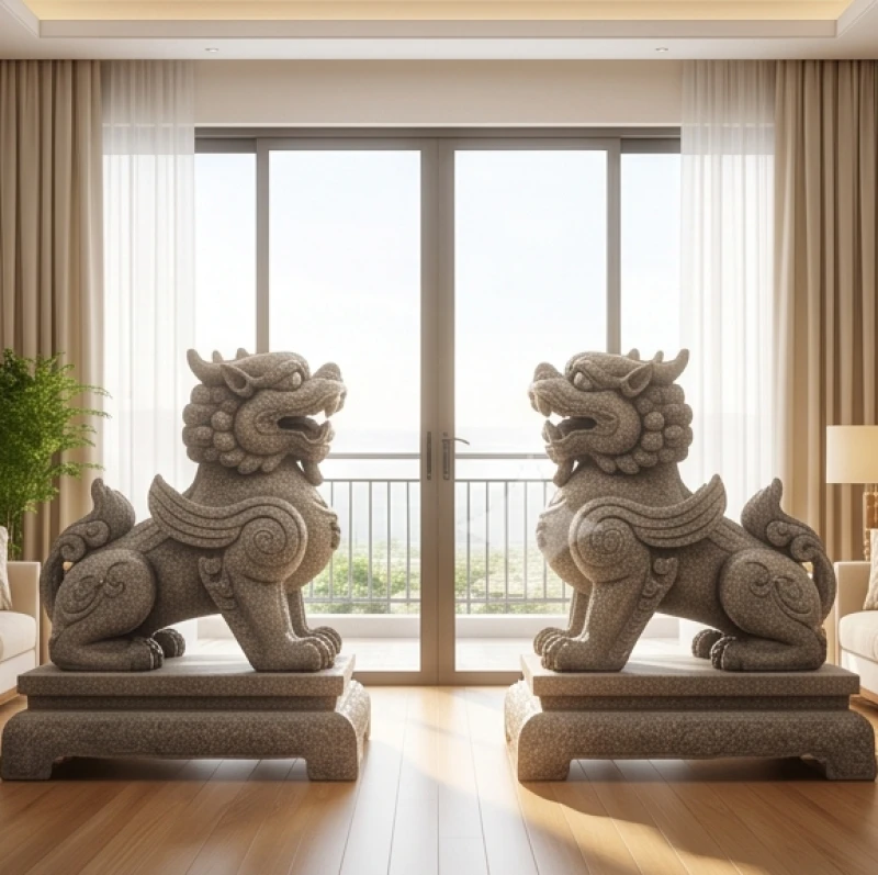 Cặp tượng tỳ hưu bằng đá uy nghi đặt trên đôn cao, miệng há rộng và mặt hướng trực tiếp ra ban công đầy nắng