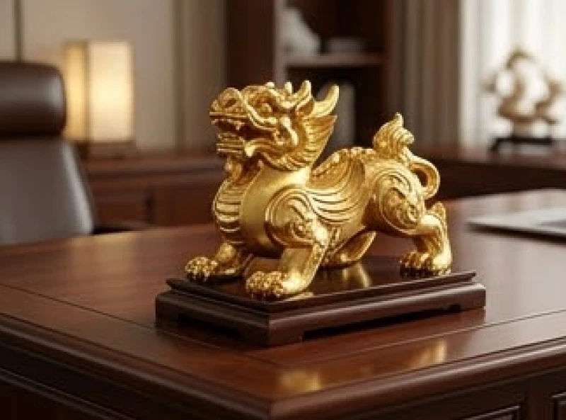 Cặp tỳ hưu mạ vàng đặt trang trọng trên bàn làm việc hướng ra cửa