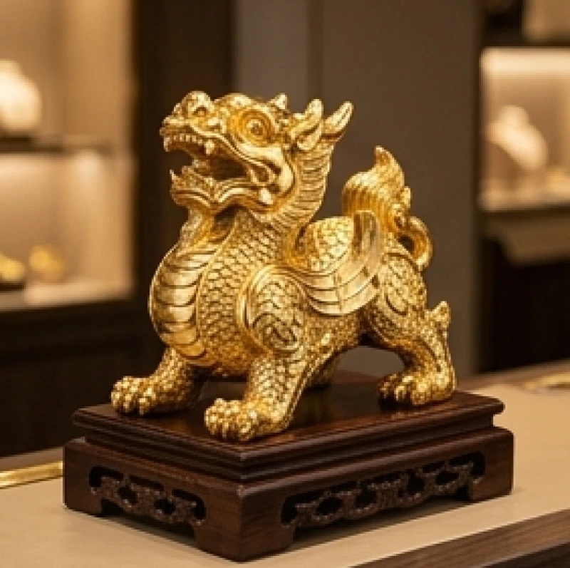 Tỳ Hưu phong thủy tuổi Ngọ: Hướng dẫn chọn đá hợp nạp âm và khai quang 8 Tượng linh vật tỳ hưu bằng đồng mạ vàng lấp lánh đặt trên đế gỗ khắc hoa văn tinh xảo