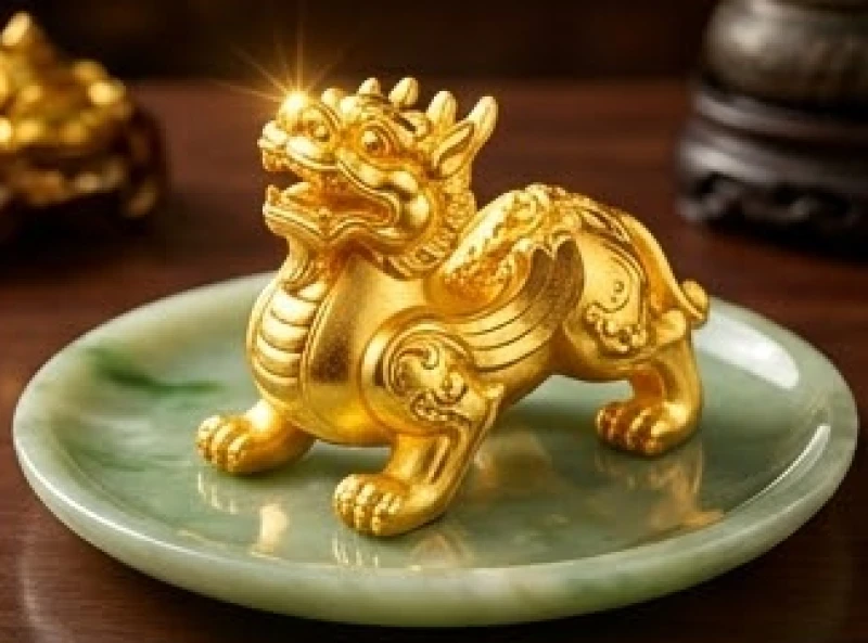 Tượng Tỳ Hưu bằng vàng khối chói lọi đặt trên đĩa ngọc đại diện cho những cơ hội sinh lời chớp nhoáng