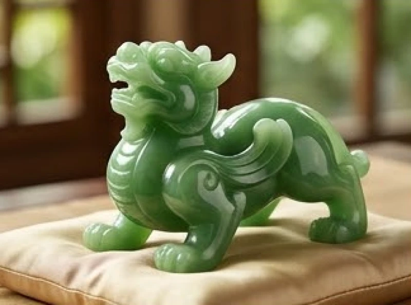 Tượng Tỳ Hưu bằng ngọc bích màu xanh lục nhẵn bóng tỏa ra năng lượng thanh khiết và vượng khí