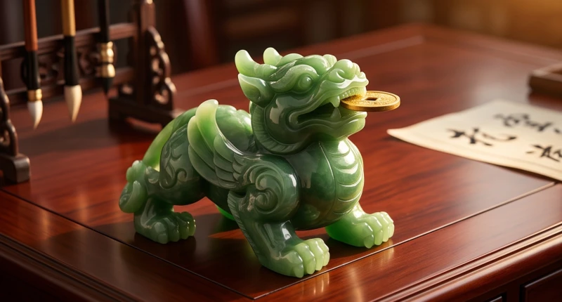 Tượng Tỳ Hưu ngọc bích đặt trên bàn làm việc giúp tuổi Dần giữ vững tài vận