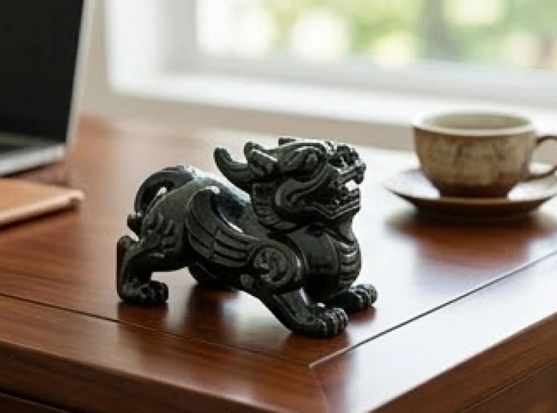 Tượng Tỳ Hưu chế tác từ ngọc bích đen bóng được bài trí để chiêu tài lộc cho gia chủ tuổi Đinh Sửu