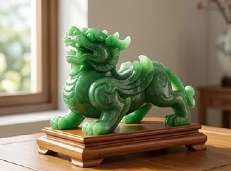 Tượng Tỳ Hưu chế tác từ ngọc bích xanh ngọc lục bảo mang năng lượng Mộc