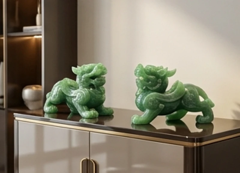 Đôi Tỳ Hưu tạc từ ngọc bích Jadeite tự nhiên xanh biếc bóng loáng đặt trên kệ tủ sang trọng