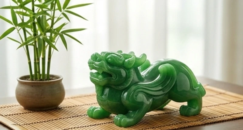 Linh vật tỳ hưu tạc từ ngọc cẩm thạch xanh lục mướt mắt đặt cạnh một khóm trúc nhỏ